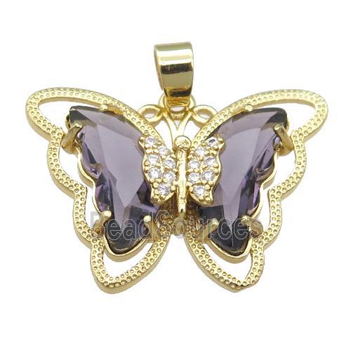 purple Crystal Glass Butterfly Pendant, gold plated