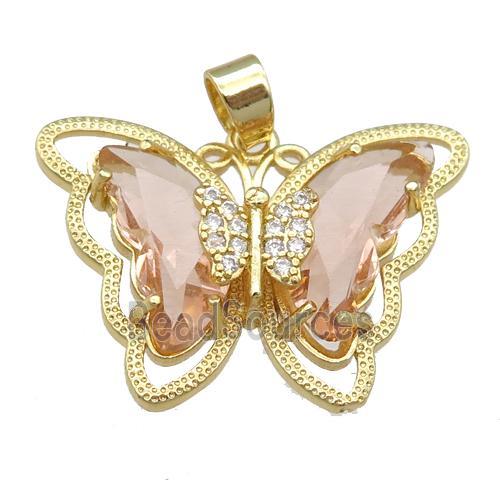 peach Crystal Glass Butterfly Pendant, gold plated