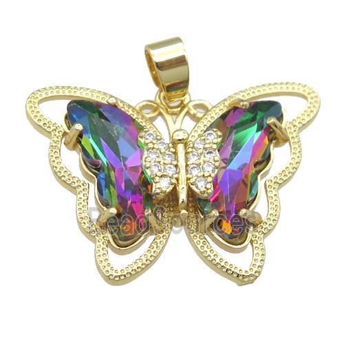 rainbow Crystal Glass Butterfly Pendant, gold plated