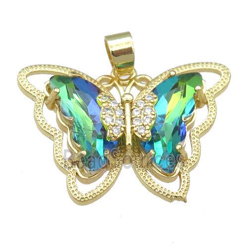 green Crystal Glass Butterfly Pendant, gold plated