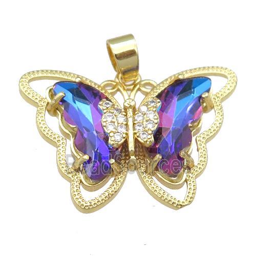 bluepurple Crystal Glass Butterfly Pendant, gold plated