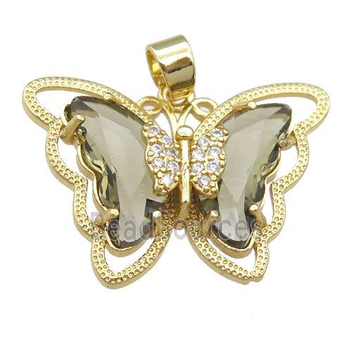 smoky Crystal Glass Butterfly Pendant, gold plated