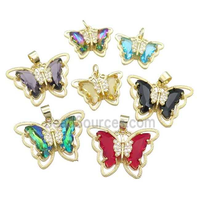 Crystal Glass Butterfly Pendant pave zircon, gold plated, mixed