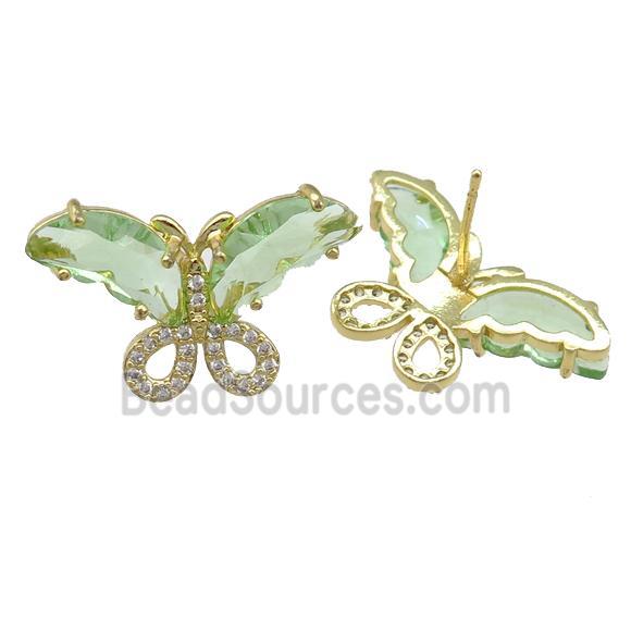 lt.green Crystal Glass Butterfly Stud Earring, gold plated