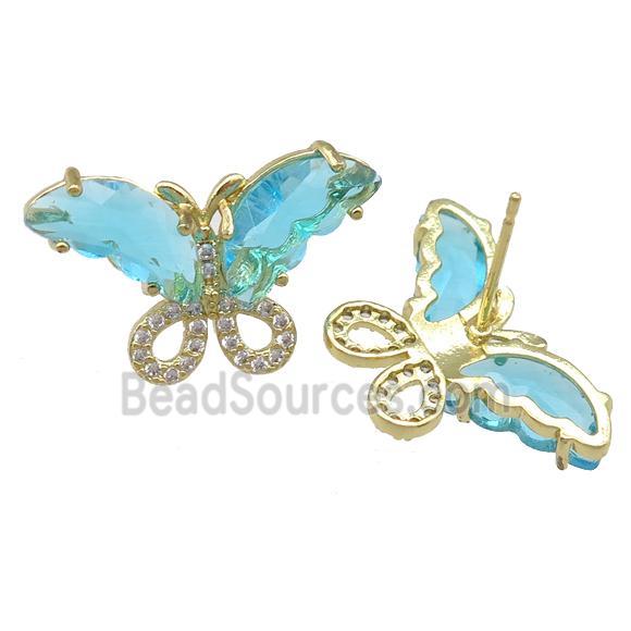 aqua Crystal Glass Butterfly Stud Earring, gold plated