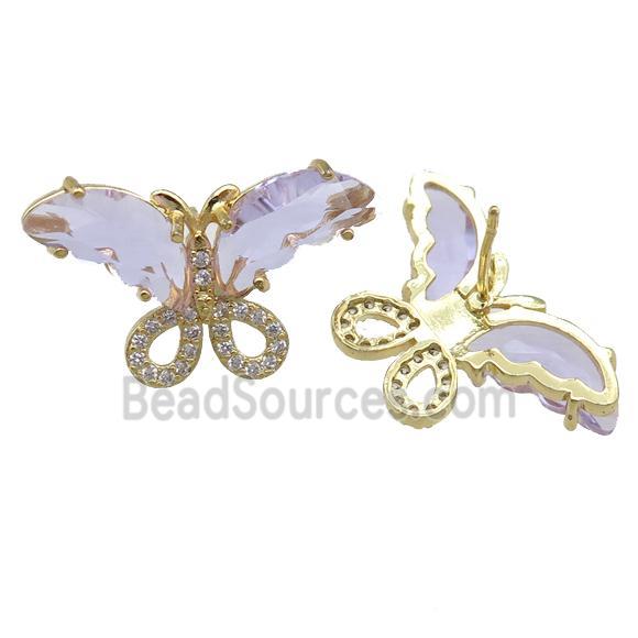 lavender Crystal Glass Butterfly Stud Earring, gold plated