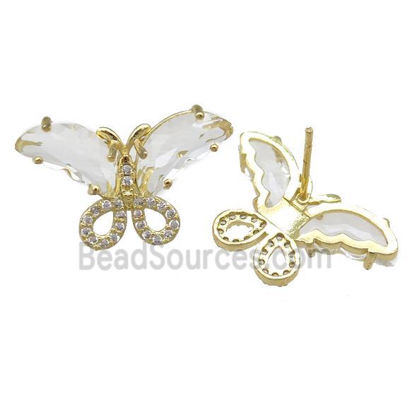 clear Crystal Glass Butterfly Stud Earring, gold plated