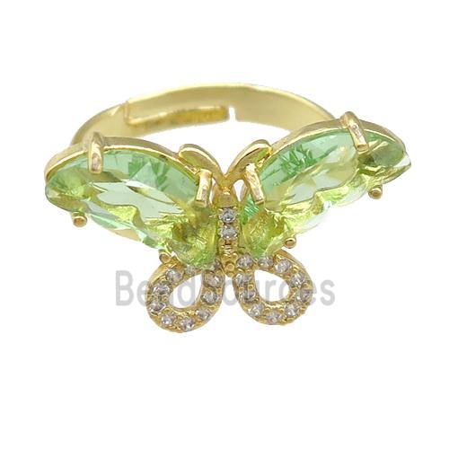 lt.green Crystal Glass Butterfly Rings, adjustable, gold plated