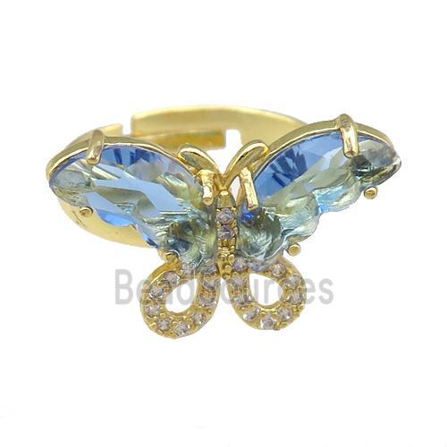 lt.blue Crystal Glass Butterfly Rings, adjustable, gold plated