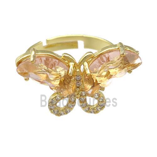 peach Crystal Glass Butterfly Rings, adjustable, gold plated