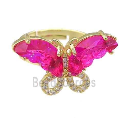 hotpink Crystal Glass Butterfly Rings, adjustable, gold plated