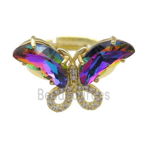 rainbow Crystal Glass Butterfly Rings, adjustable, gold plated