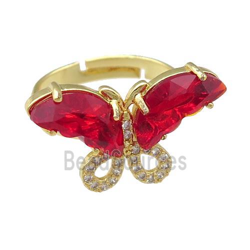 red Crystal Glass Butterfly Rings, adjustable, gold plated