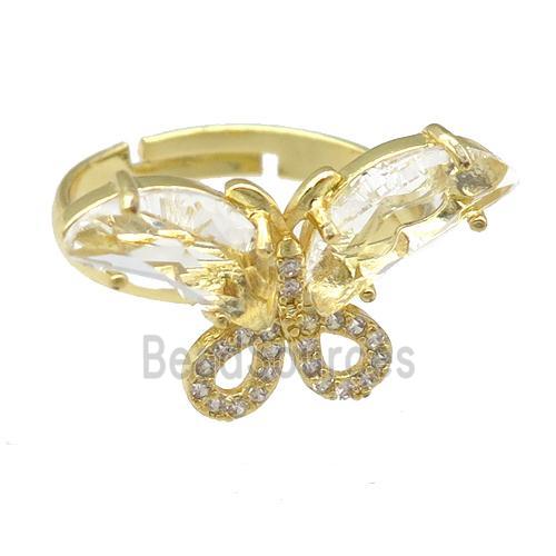 clear Crystal Glass Butterfly Rings, adjustable, gold plated