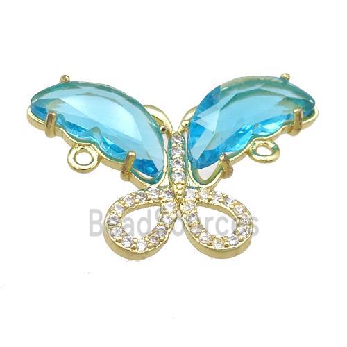 aqua Crystal Glass Butterfly Connector, gold plated