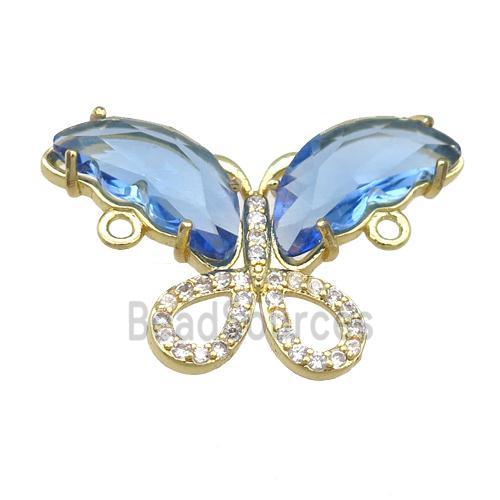 blue Crystal Glass Butterfly Connector, gold plated