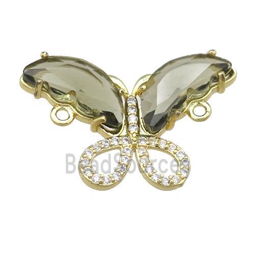 smoky Crystal Glass Butterfly Connector, gold plated