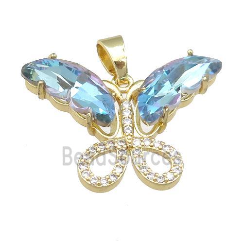 lt.blue Crystal Glass Butterfly Pendant, gold plated