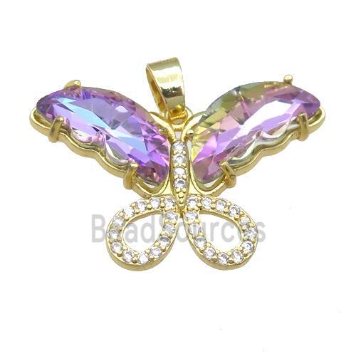 mauve Crystal Glass Butterfly Pendant, gold plated