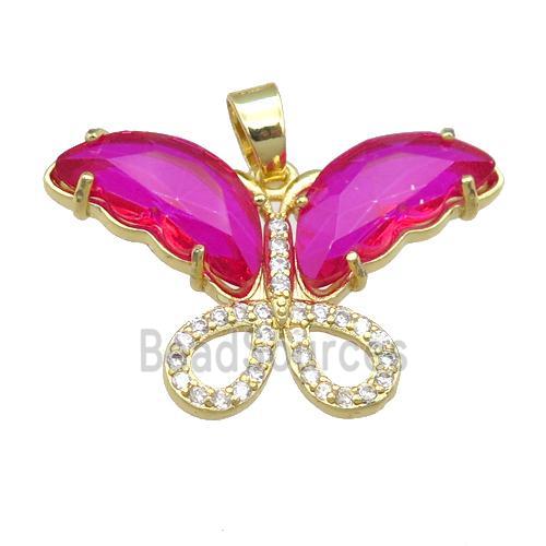 hotpink Crystal Glass Butterfly Pendant, gold plated