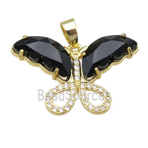 black Crystal Glass Butterfly Pendant, gold plated