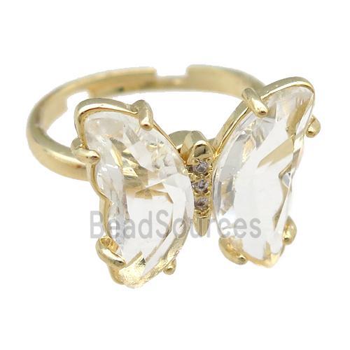 clear Crystal Glass Butterfly Spinner Rings, adjustable, gold plated