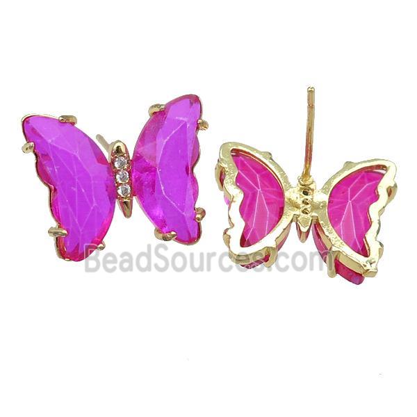 hotpink Crystal Glass Butterfly Stud Earrings, gold plated