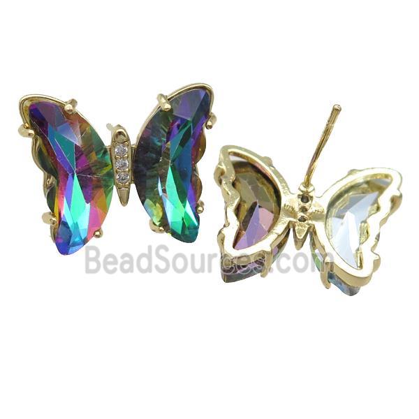 rainbow Crystal Glass Butterfly Stud Earrings, gold plated