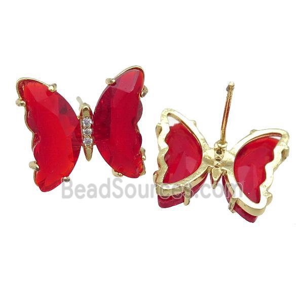 red Crystal Glass Butterfly Stud Earrings, gold plated