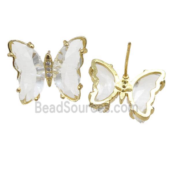 clear Crystal Glass Butterfly Stud Earrings, gold plated