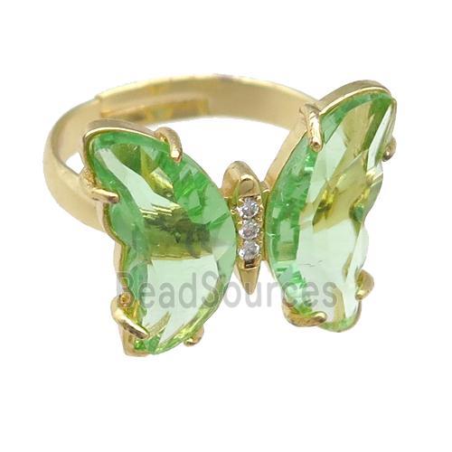 lt.green Crystal Glass Butterfly Rings, gold plated