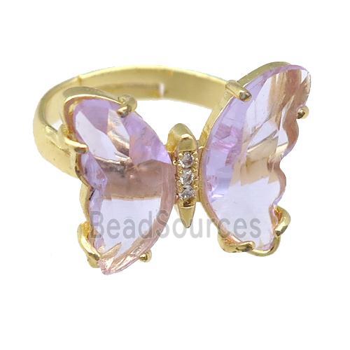 lavender Crystal Glass Butterfly Rings, gold plated