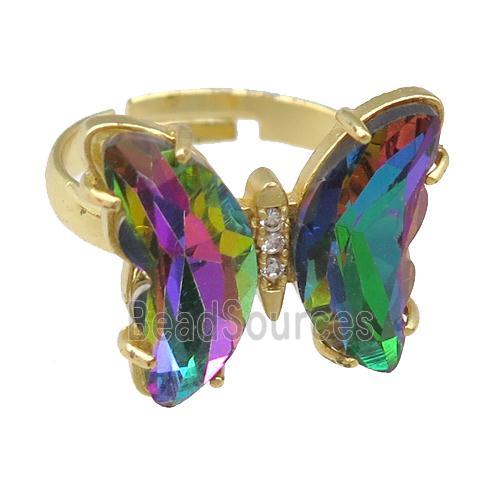 rainbow Crystal Glass Butterfly Rings, gold plated