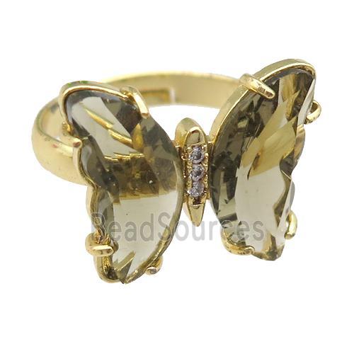 smoky Crystal Glass Butterfly Rings, gold plated