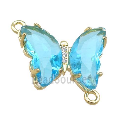 aqua Crystal Glass Butterfly Connector, gold plated