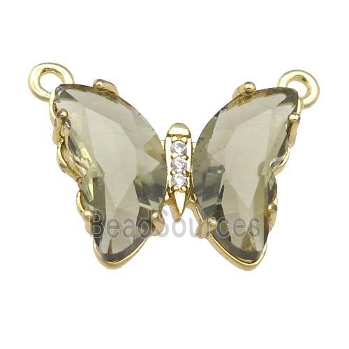 smoky Crystal Glass Butterfly Pendant with 2loops, gold plated