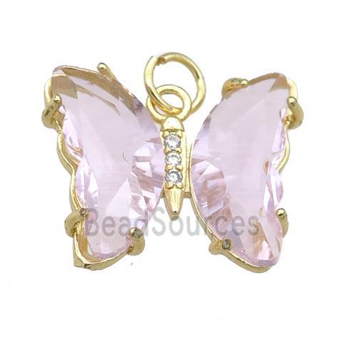 lt.pink Crystal Glass Butterfly Pendant, gold plated