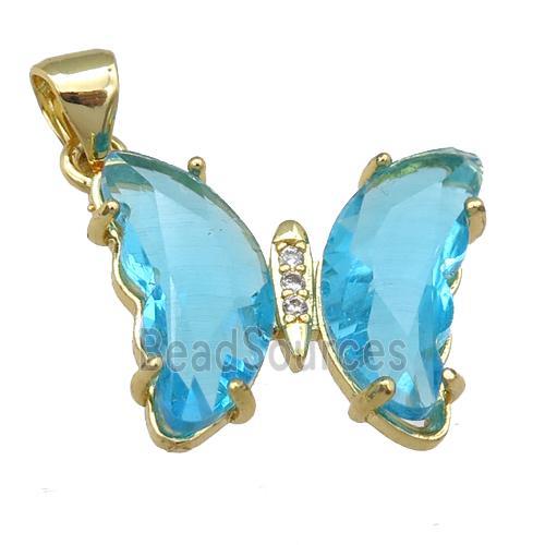 aqua Crystal Glass Butterfly Pendant, gold plated