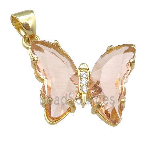 peach Crystal Glass Butterfly Pendant, gold plated