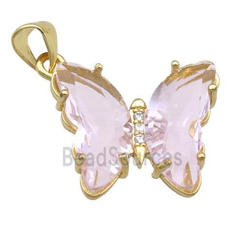 lt.pink Crystal Glass Butterfly Pendant, gold plated