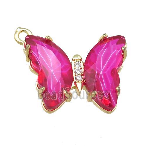 hotpink Crystal Glass Butterfly Pendant, gold plated