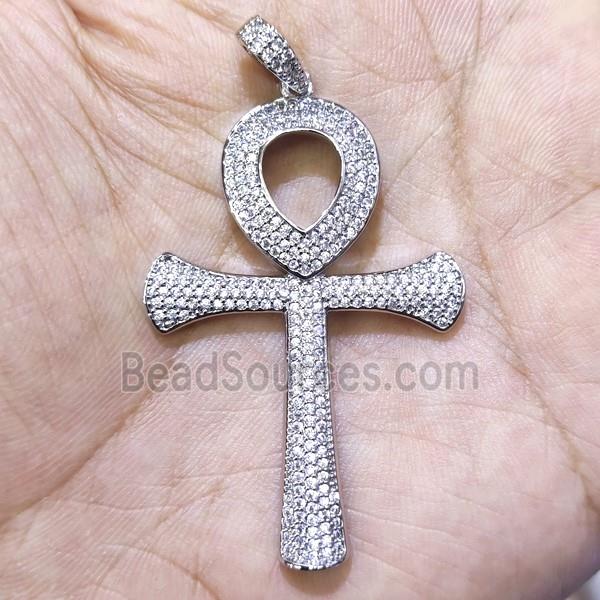 Copper Ankh Cross Pendant Pave Zircon Platinum Plated