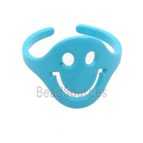 copper Rings with blue fire lacquered, smileface, adjustable