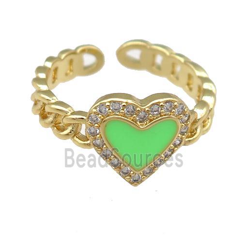 copper Rings with green enamel heart, adjustable, gold plated