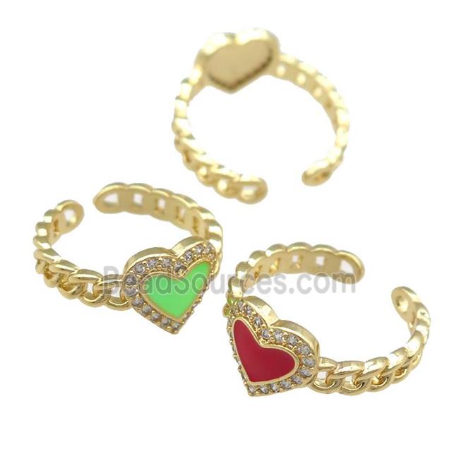 copper Rings with enamel heart, adjustable, gold plated, mixed