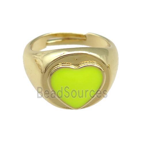 copper Rings with yellow enamel heart, adjustable, gold plated