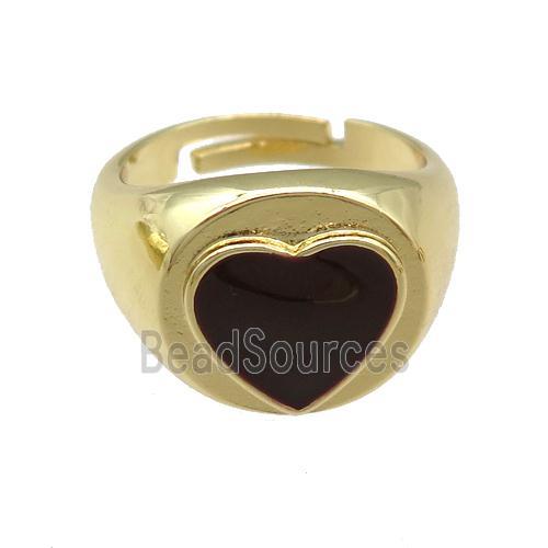 copper Rings with black enamel heart, adjustable, gold plated