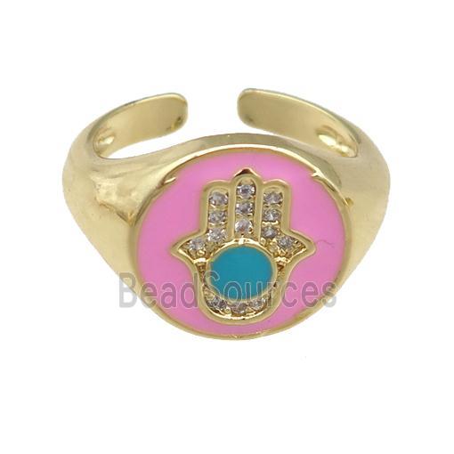 copper Rings with pink enamel hand, adjustable, gold plated