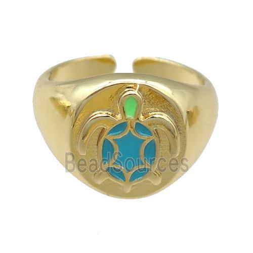 copper Rings with enamel tortoise, adjustable, gold plated