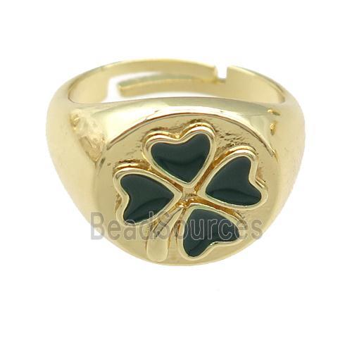 copper Rings with enamel clover, adjustable, gold plated